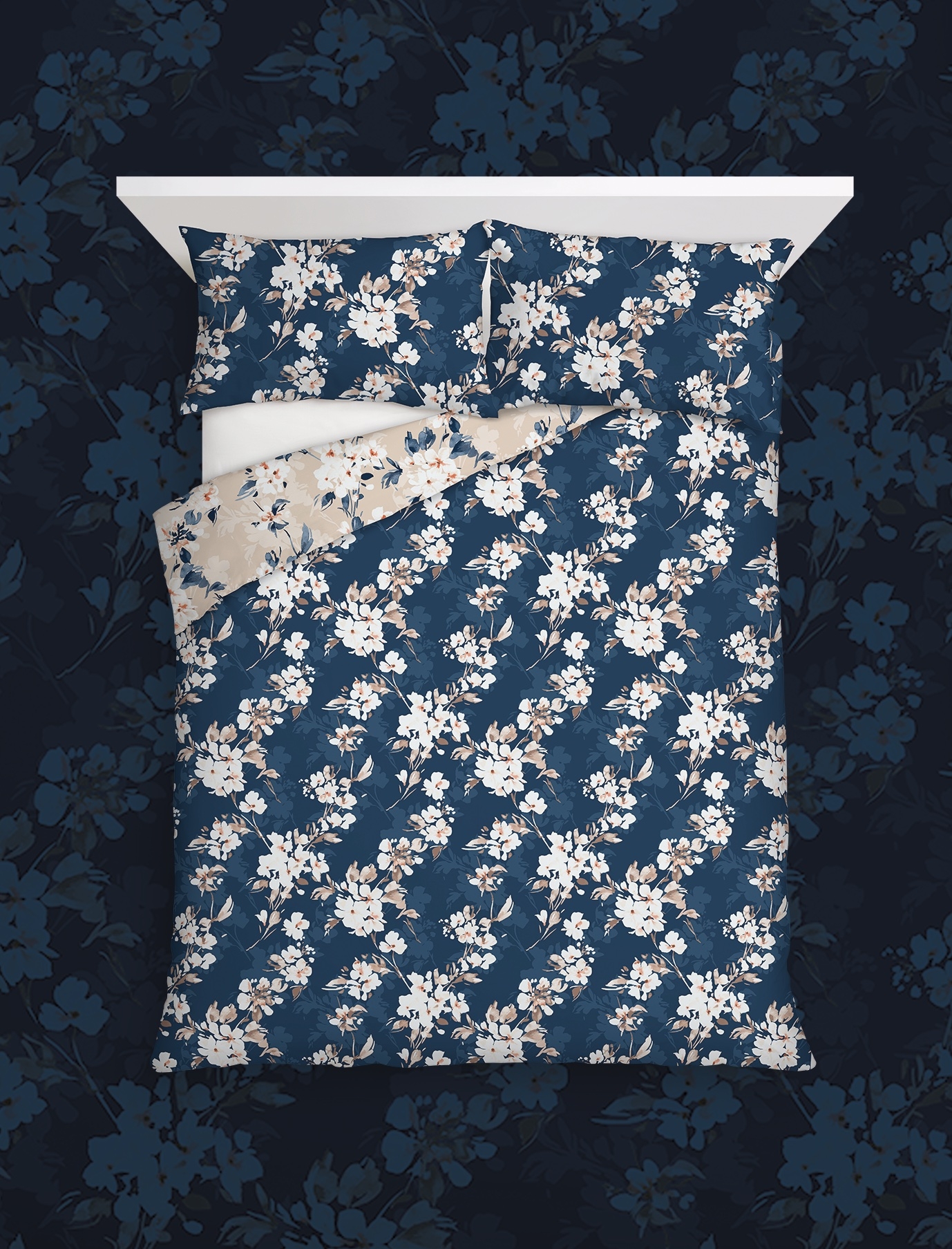 4B_F&F Home Navy Painted Floral Duvet Set Double King SK